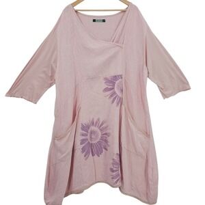 Blue Fish Pink Oversized Lagenlook 100% Linen Hand Painted Floral Dress